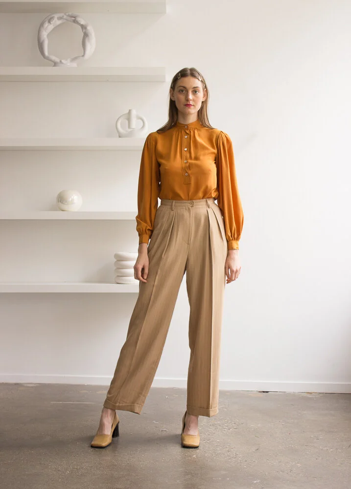 1970s Yves Saint Laurent Marigold Silk Balloon Sleeve Blouse